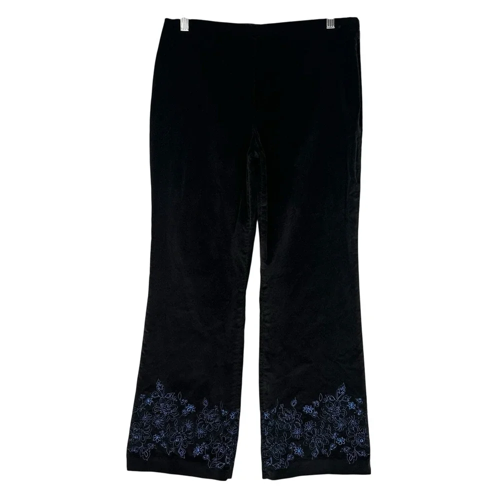 Sigrid Olsen Sport Black Velvet Pants Wide Leg Floral‎ Embroidery Hem Petite 8P